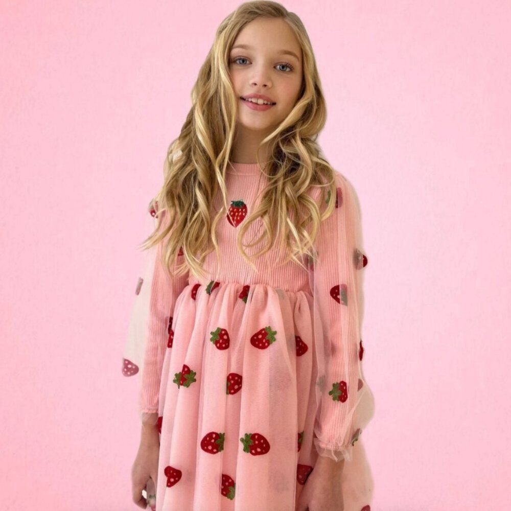 NWT! Lola + The Boys Embroidered Strawberry Sheer Tulle Pink Dress Size 12